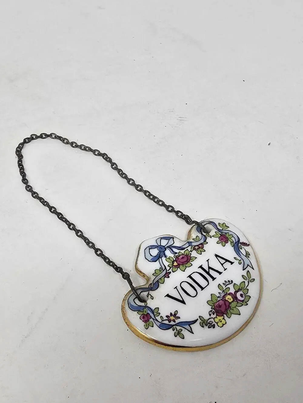 Vintage Crown Staffordshire Vodka Decanter Label Fine Bone China w Chain
